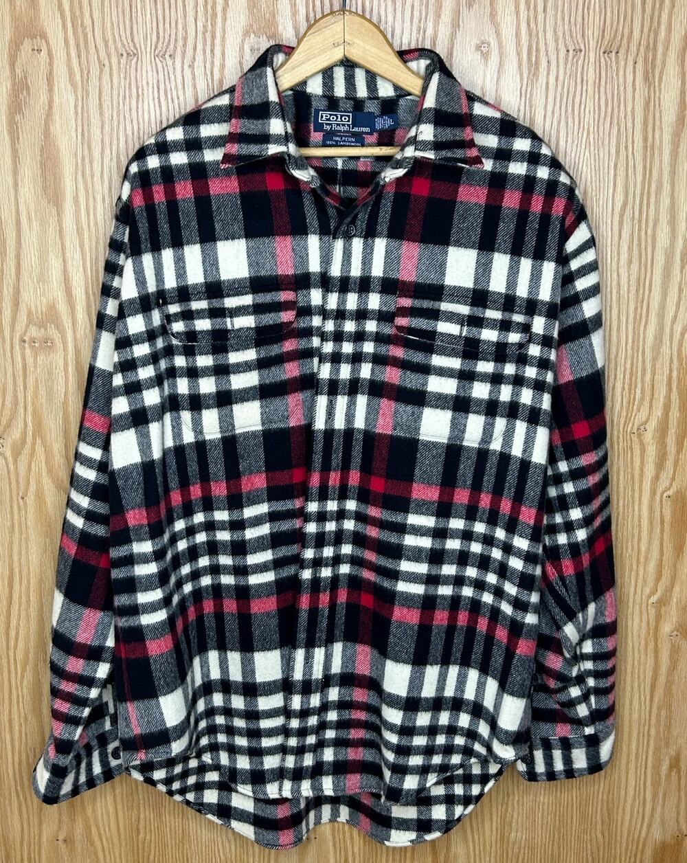 Vintage 1990s Polo Ralph Lauren Lambswool Plaid Flannel Halpern Men's L Blk Red